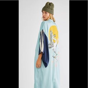 Free People Light Blue & Navy Graphic Kimono Robe with Yellow Sun